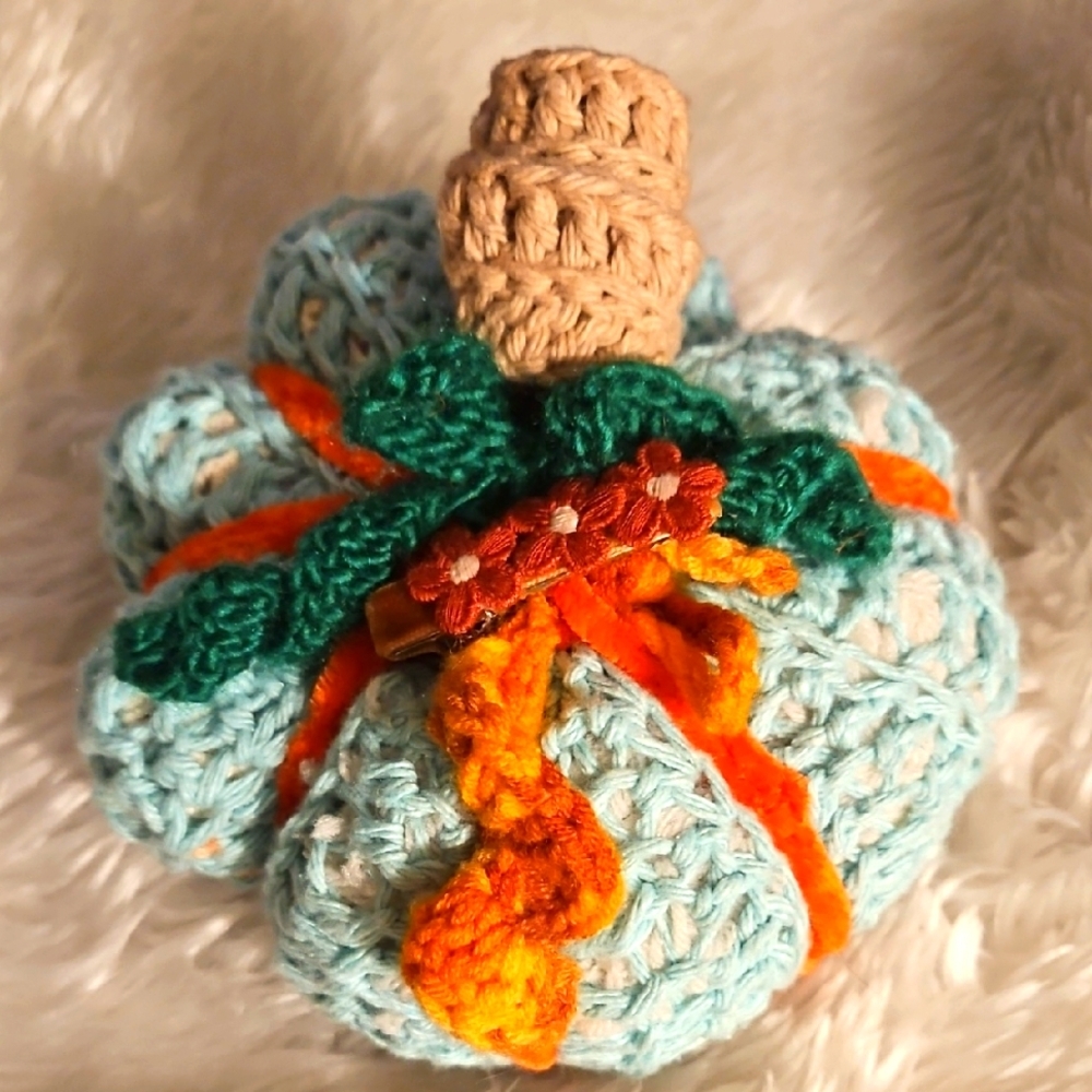 Handmade Blue Brown Cotton Crochet Pumpkin 7"